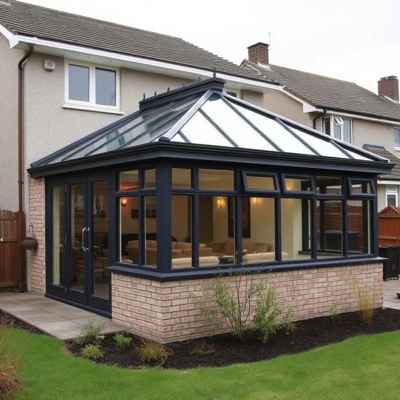 Lean-to conservatory with anthracite grey frames on a Scottish semi-detached home