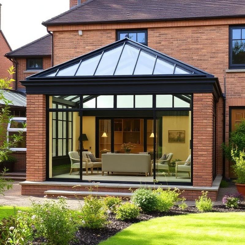 Orangery with brick piers and a glazed lantern roof