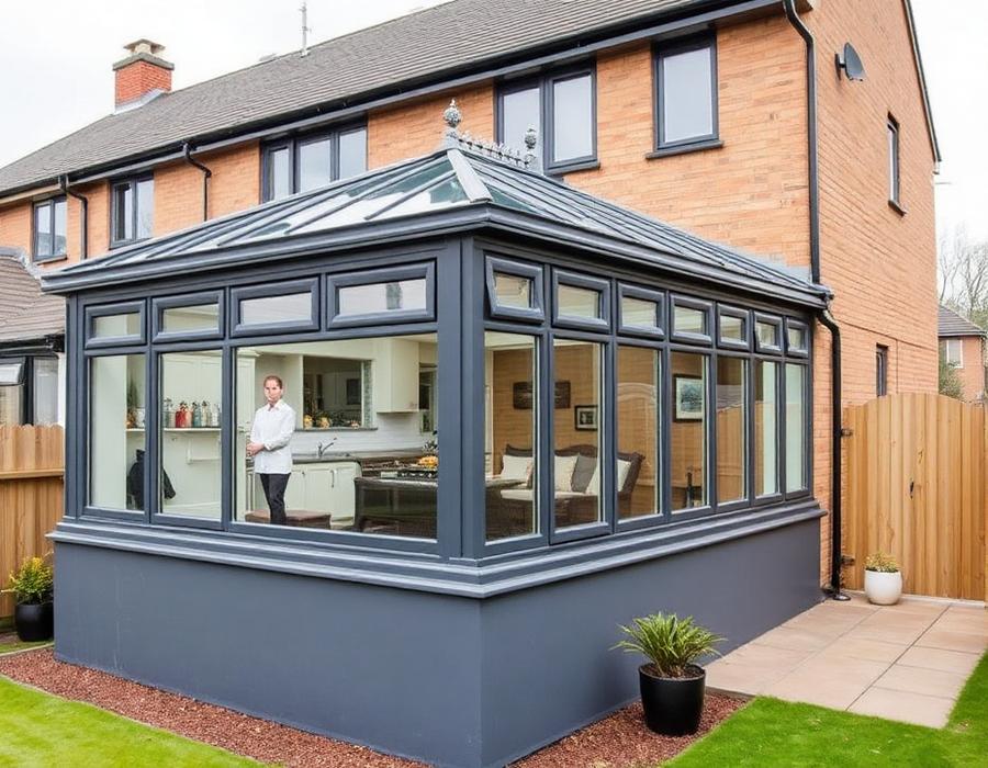 Anthracite grey lean-to conservatory with a solid tiled roof