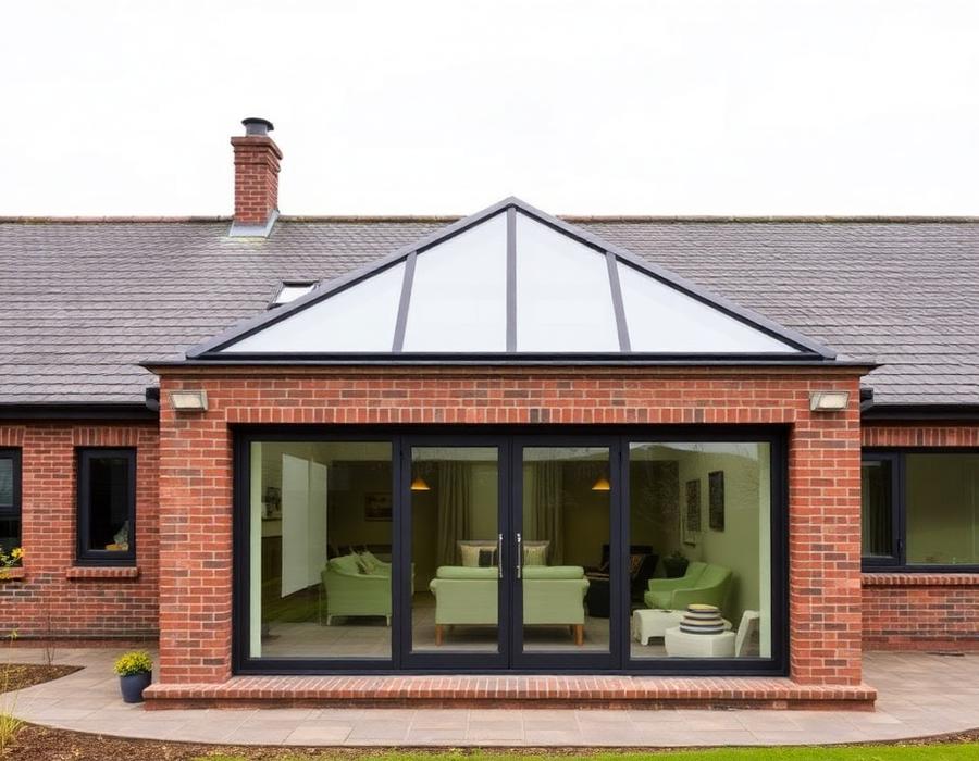 Brick orangery with wide glazed doors and a roof lantern