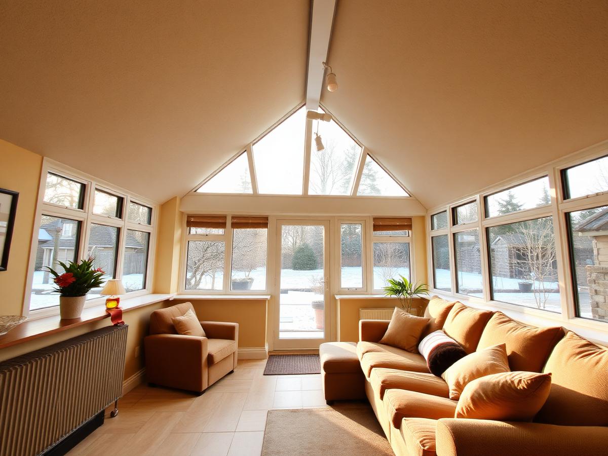 Insulated warm roof conservatory interior with a frosty Scottish garden outside